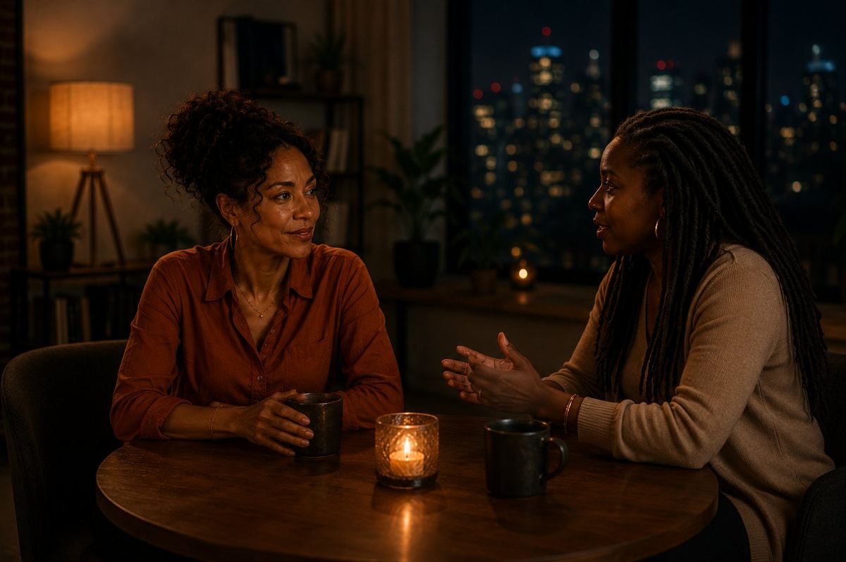 Two women in conversation by candlelight, no laptops, just trust