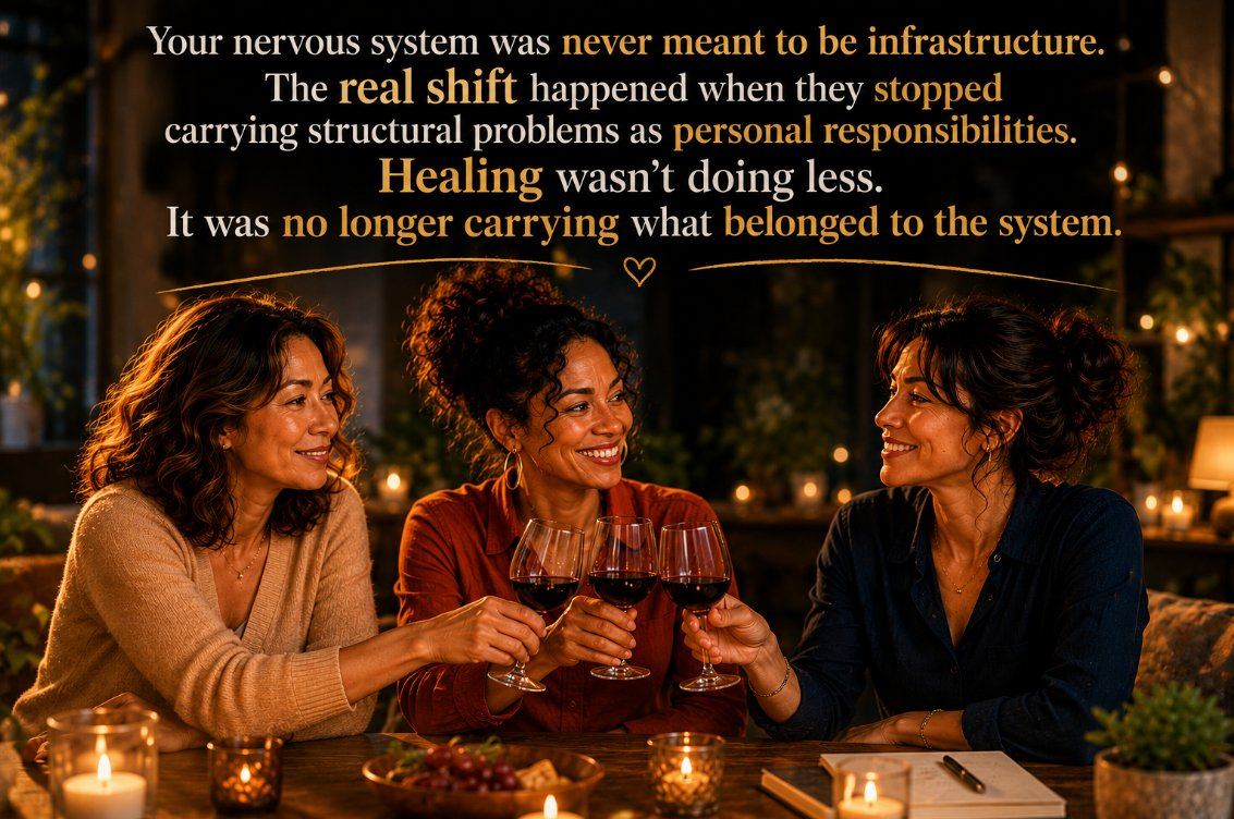 Three women toasting, healing was no longer carrying what belonged to the system